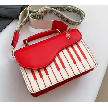 Hudebniny Červená dámská kabelka přes rameno s klaviaturou a houslovým klíčem