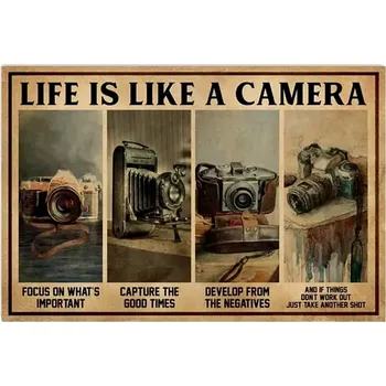 Plechová cedule Plechová retro cedule Life is like a camera (oblíbená foto retro cedule na zeď)