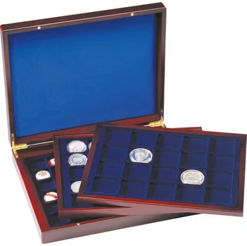Obal pro sběratelský předmět Leuchtturm Kazeta VOLTERRA TRIO DE LUXE, na 20 mincí do Ø 48 mm, na 30 mincí do Ø 39 mm, na 48 mincí do Ø 30 mm, mahagonové dřevo