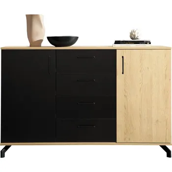 Obývací stěna široká komoda Maverick 09 dub / černá se zásuvkami a skříňkami šířka 140 cm