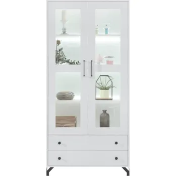 Obývací stěna bílá prosklená vitrína vysoký lesk Bergamon BE2 s osvětlením