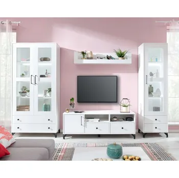 Obývací stěna Bílá obývací stěna Bergamon 3 s prosklenými vitrínami