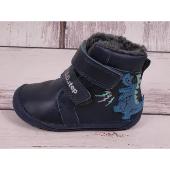 Chlapecká zimní obuv D.D.step Zimní boty D.D. step kožené barefoot W070-42838 tmavomodré s dinosaurem velikost: 23