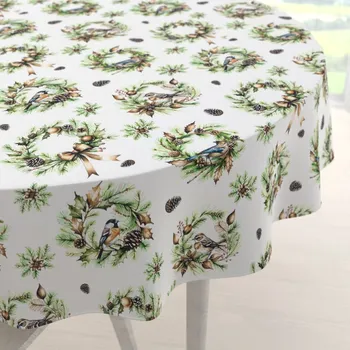 ubrus Teflonový kulatý ubrus TF-103 Vánoční věnce s ptáčky na bílém Ø 50 cm