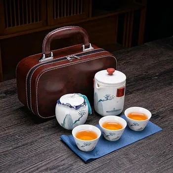Čajovna Ručně malovaný Kung Fu cestovní čajový set - Rybářská loď (Jade Porcelain) 1+3+1
