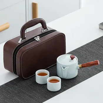 Sada nádobí Čínský nefritový bílý porcelán Japonská cestovní sada s čajovou konvicí s boční rukojetí - 1+2 (Azurově modrá)