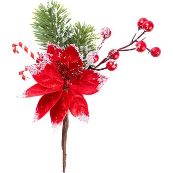 Vánoce Větvička MagicHome Vánoce, s květem a bobulkami, zasněžená, 20 cm