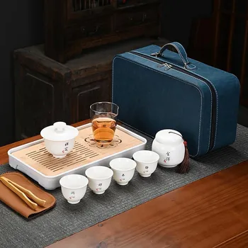 Čajová souprava Nefritový bílý porcelán cestovní Kungfu čajový set - Zenová rčení