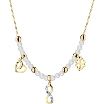 Náhrdelník Zlatý náhrdelník s diamantem a perlami - srdce, nekonečno, čtyřlístek - ryzost 585 - 220.739