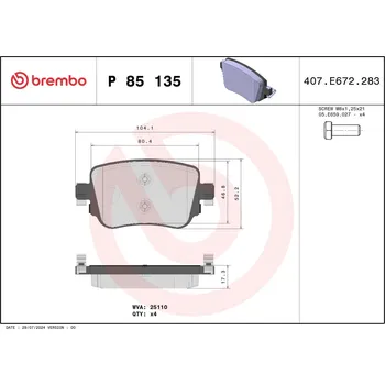 Brzdová destička Sada brzdových destiček, kotoučová brzda BREMBO P 85 135