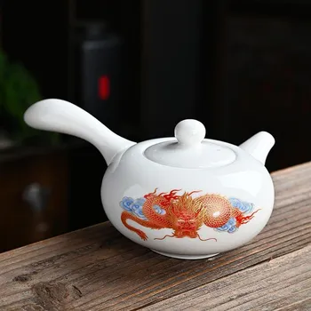 Konvice na čaj Čínský nefritový bílý porcelán Čajová konvička s boční rukojetí - Čínský drak