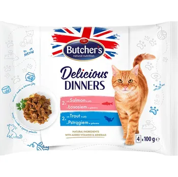 Krmivo pro kočku 32ks-32x100g Butcher's Delicious Dinners Mix pro kočky: losos, pstruh vlhké krmivo