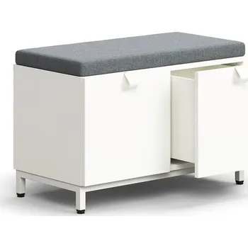 Policová skříň Lavice s úložným prostorem QBUS, šedý podsedák, 2 zásuvky, nohy, úchytky, 534x800x420 mm, bílá