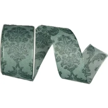 Stuha Vánoční stuha ROYAL NIGHT MINT 40mm x 3m (12,-Kč/m) (Vánoční stuha taftová, tyrkysová, bohatý potisk se stříbrným glitrovým efektem, s vlascem v lemu)