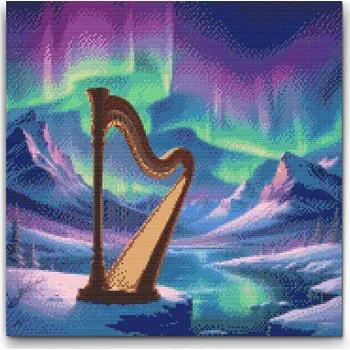 Diamantové malování Diamantové malování - Harfa a polární záře Velikost: 50x50cm, Rámování: Pouze srolované plátno, Diamanty: Čtvercové