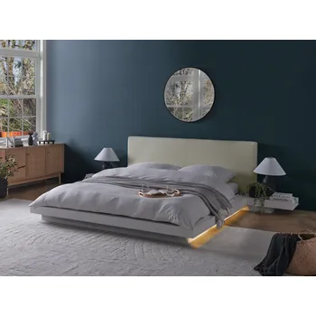 Postel Postel v japonském stylu bílá 160 x 200 cm nízký dřevěný rám postele z MDF čelo z umělé kůže LED osvětlení noční stolky Beliani