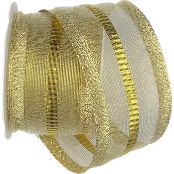 Stuha Stuha lurexová OUTDOOR GOLD LINE 40mm x 2m (7,50 Kč/m) (Stuha lurexová, transparentní, se zlatým prošíváním, s drátkem)