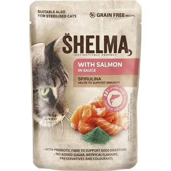 Krmivo pro kočku SHELMA Cat losos se spirulinou v omáčce, kapsa 85 g (28 ks)