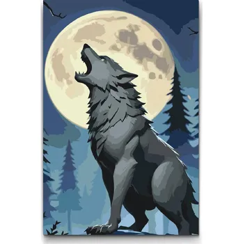 Malování podle čísel - Vlk v noci Velikost: 20x30cm, Rámování: Pouze srolované plátno