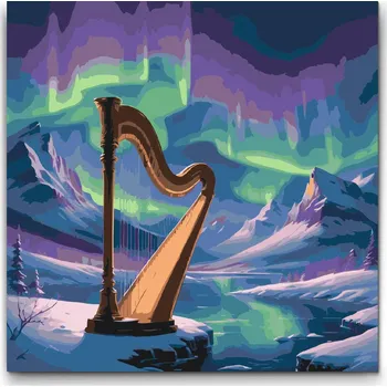 Malování podle čísel - Harfa a polární záře Velikost: 50x50cm, Rámování: Pouze srolované plátno