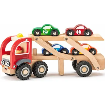 Dřevěná hračka WOODY DŘEVO Set tahač veselý + 4 závodní auta *DŘEVĚNÉ HRAČKY* | 528203