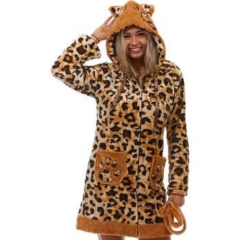 Dámský župan Hnědý a béžový huňatý župan kojící na zip z bambusu zvířecí vzor a TYGR 1Z1533 hnědá s