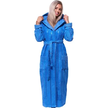 Dámský župan Modrý luxusní dlouhý župan s kapucí pro ženu z extra froté 1ZF3068 modrá l-xl
