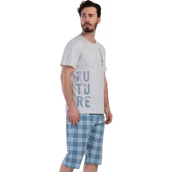 Pánské pyžamo Šedé i světle modré kárované pyžamo pro muže capry FUTURE 1P1672 šedá 4xl