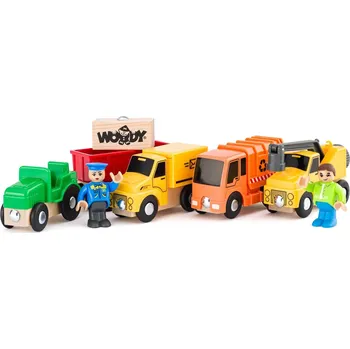 Dřevěná hračka WOODY DŘEVO Užitkové vozy set 4 autíčka se 2 figurkami doplněk k vláčkodráze | 33