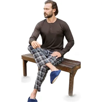 Pánské pyžamo Hnědé a šedě kárované luxusní pyžamo pro muže s knoflíky u krk 1P1786 hnědá m