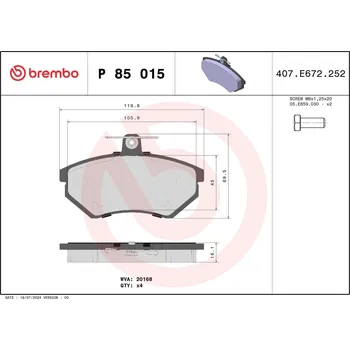 Brzdová destička Sada brzdových destiček, kotoučová brzda BREMBO P 85 015