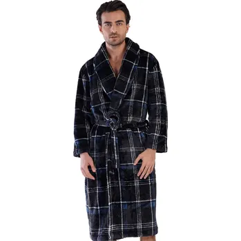 Pánský župan Župan pro muže huňatý černý a modře károvaný v dlouhé délce s límcem 1Z1687 černá l