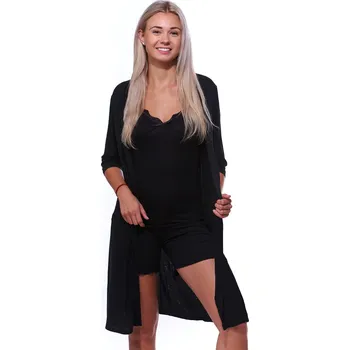 Dámská noční košile Černý jemný luxusní župan v kompletu s pyžamem s tenkými ramínky a krátkou nohavicí 1D1371 černá l