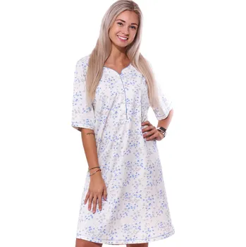 Dámská noční košile Přírodní světlá dlouhá noční košilka pro plnoštíhlé ženy či dívky na knoflíky u krku modré kvítí 1C3630 bílá 4xl