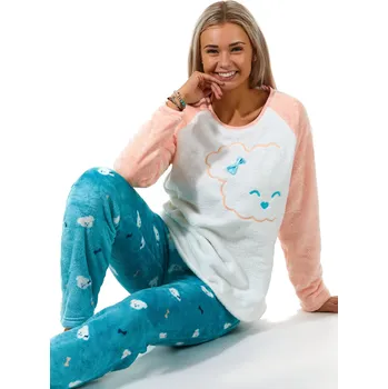 Dámské pyžamo Růžová, azurová i bílá mašličková extra teplá souprava na zimu pro ženy s Pejskem 1Z1463 růžová l