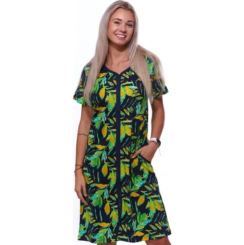 Dámská noční košile Župan nebo košilka těhotenská i kojící na celozip modrý zelené i žluté listí 1G0575 modrá m