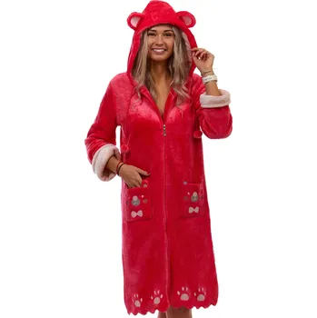 Dámské noční prádlo Malinově růžový huňatý župan dámský na zip z bambusu ušatý s tlapky PES 1Z1536 růžová s