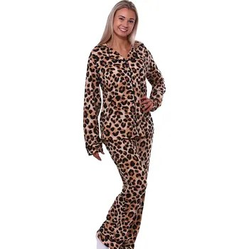 Dámské pyžamo Hnědé i béžové elegantní pyžamo celopropínací pro plnoštíhlé ženy či dívky zvířecí srst jaguár 1B2022 hnědá 4xl