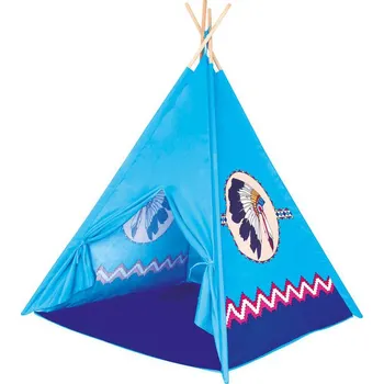 Dětský stan BINO DŘEVO TeePee stan indiánský modrý 120x150x120cm 4 stěny | 406886