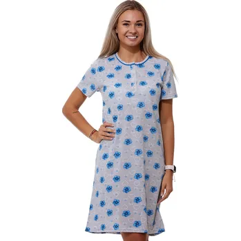 Dámská noční košile Šedá i modrá noční košilka propínací u krku na knoflíky krásný vzor květy a srdce 1C3587 šedá l