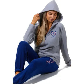 Dámské pyžamo Šedé i modré luxusní hřejivé dámské pyžamo s kapucí, MOTÝLEK 1Z1487 šedá l