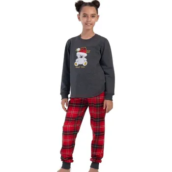 Dívčí pyžamo Šedé a červené kárované extra teplé pyžamo z bavlny holčičí s Medvídkem 1F0912 šedá 122-128-7-8-let