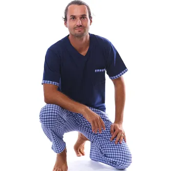 Pánské pyžamo Elegantně sportovní modré kárované pyžamo pro muže krátký rukáv a dlohé nohavice popelín 1P1826 modrá m