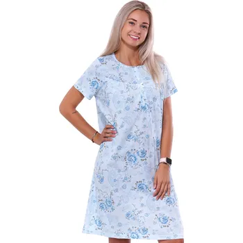 Dámské noční prádlo Modrá růžičková noční košilka pro ženy či dívky na knoflíky u krku 1C3653 modrá xl