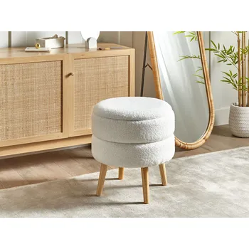 Taburet Úložný taburet bílý buklé čalounění dřevěné nohy kulatý podnožka stolička s úložným prostorem moderní styl Beliani