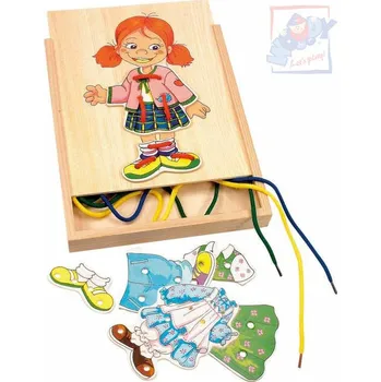 Dřevěná hračka WOODY DŘEVO Šněrování šatní skříň holčička oblékací provlékačka s tkaničkami | 890021