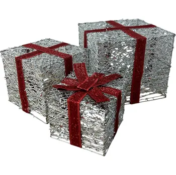 Vánoční osvětlení Svítící vánoční dekorace LED dárky 3 ks 40 cm stříbrné