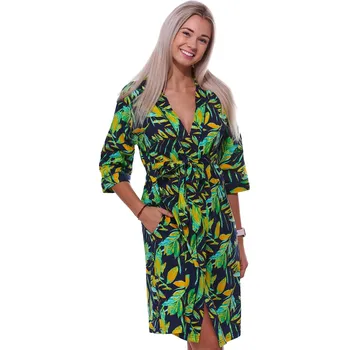 Dámský župan Modrý, zelený i žlutý lehký župan do porodnice na kojení s listím 1G0591 modrá m