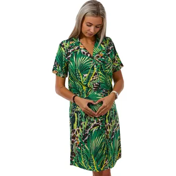 Dámská noční košile Zelená kojící noční košile s límečkem džungle, palmy a tygří vzor 1D1259 zelená m M