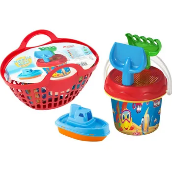 Hračka na písek BINO Sada plážová na písek 6ks kyblík s nástroji a doplňky v košíku | 24